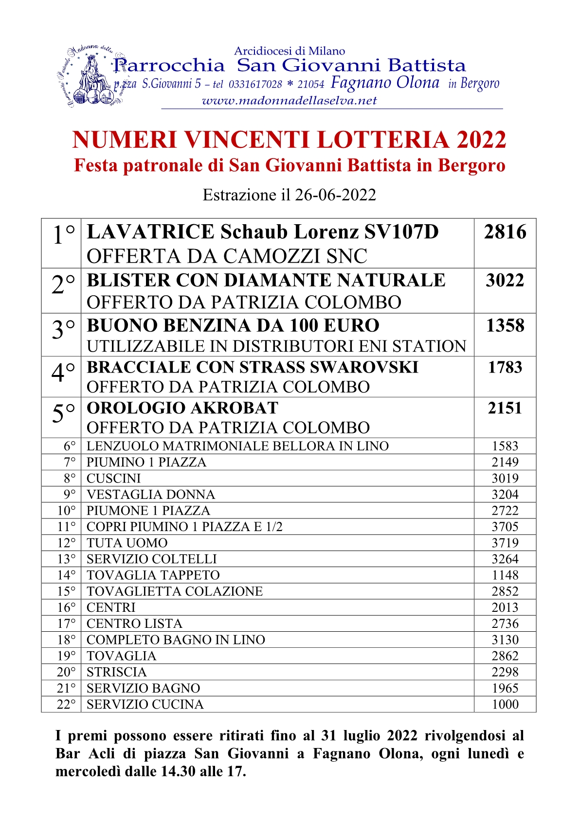 Biglietti vincenti – Lotteria festa patronale San Giovanni Battista 2022